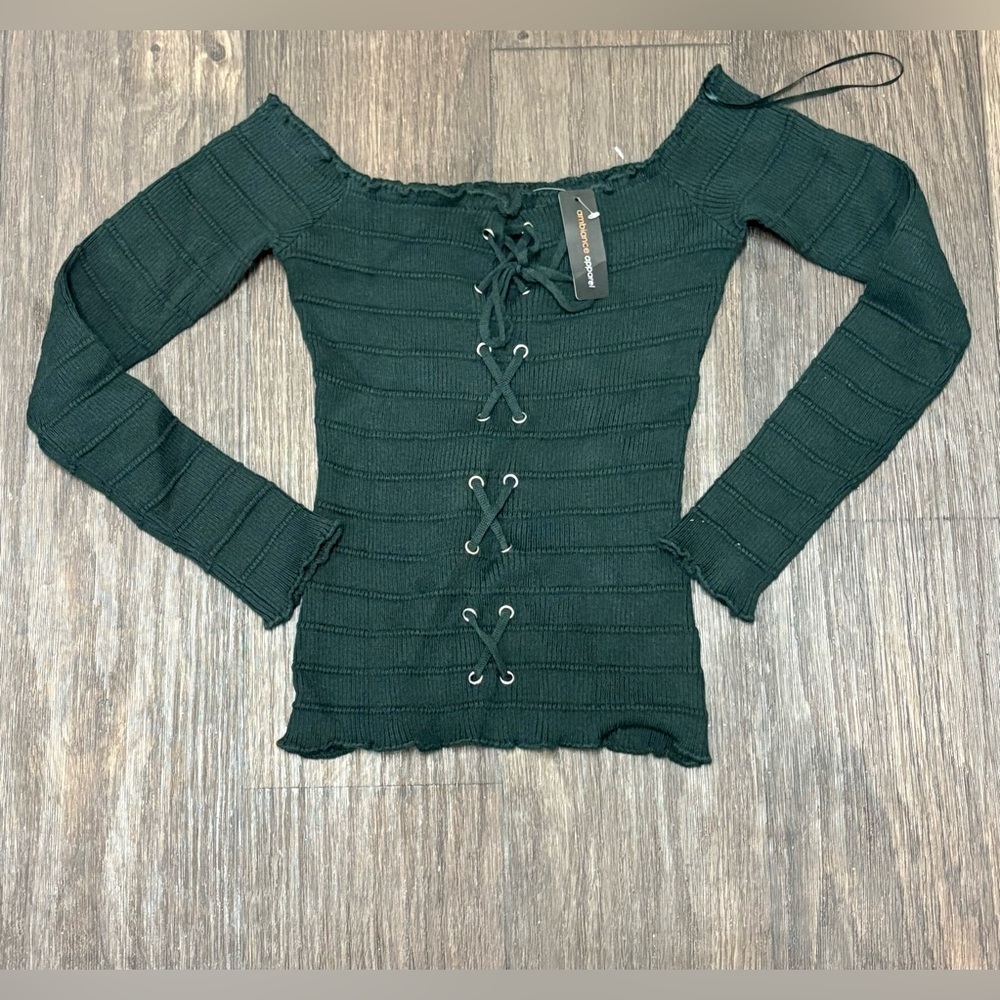 Ambiance Apparel Lace-Up Ribbed Off Shoulder Top  (Size Large)